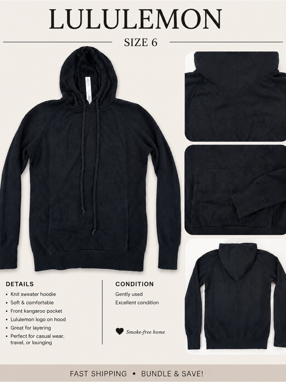 lululemon athletica Black Knit Hoodie - Men’s Casual Pullover